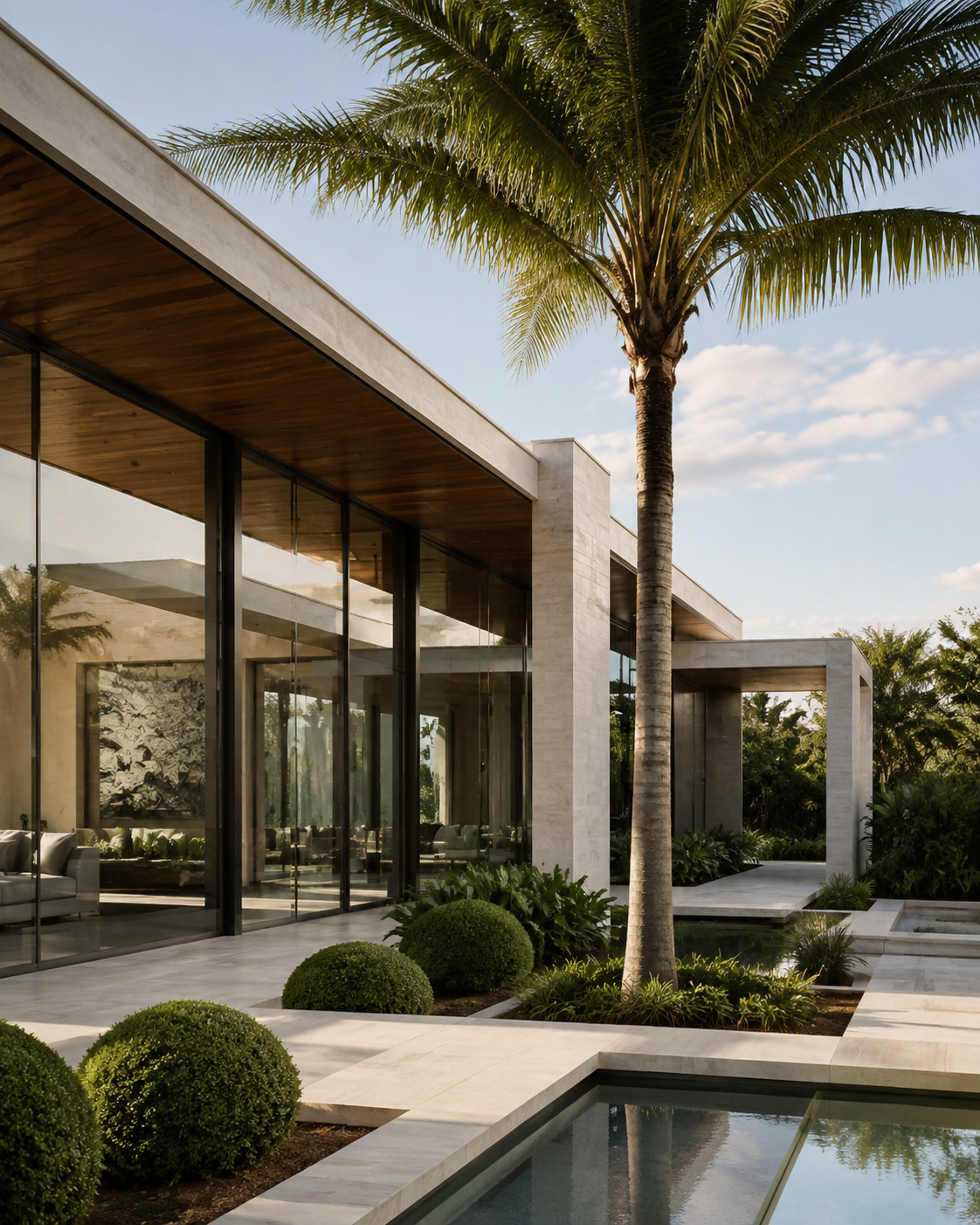 Contemporary South Florida residence with expansive glass and carefully maintained tropical landscaping